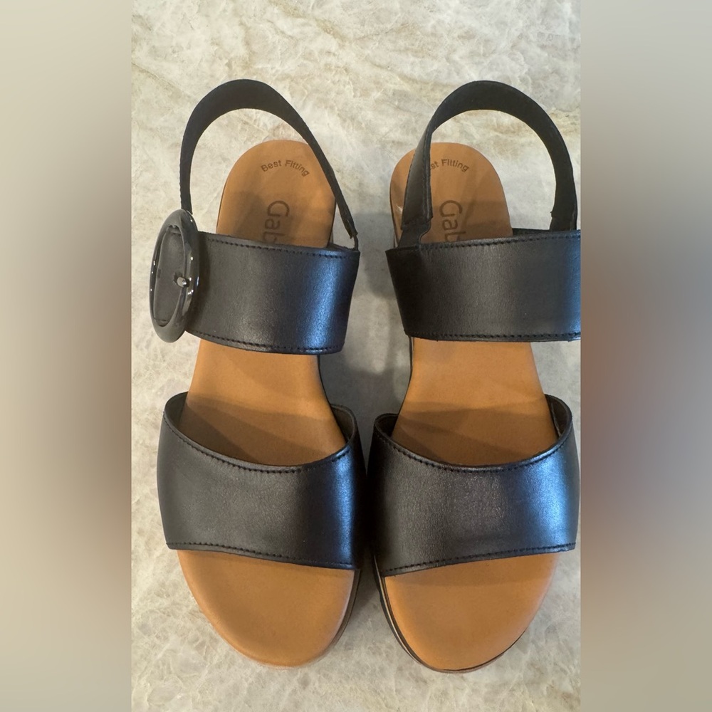 New no box - Gabor Black Leather Two-Strap Slingback Wedge Sandals